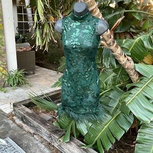 Fashion nova sheer  sequin floral dress with Marabu trim